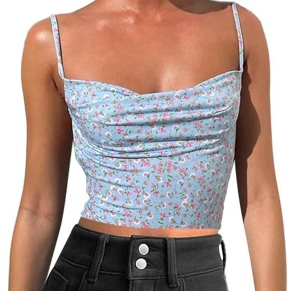 Women's Blue Floral Backless Spaghetti Strap Crop Top